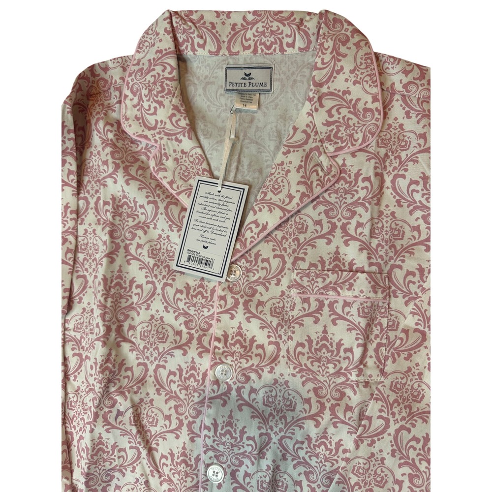 Petite Plume 14 Vintage Rose Flaw Pajama Set Pink White Damask Cotton Blend NWT - Picture 4 of 7